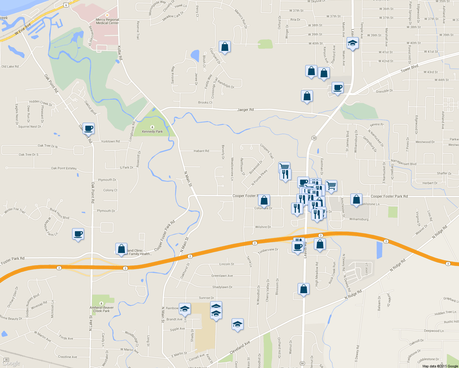 map of restaurants, bars, coffee shops, grocery stores, and more near 1140 Meadowview Lane in Amherst