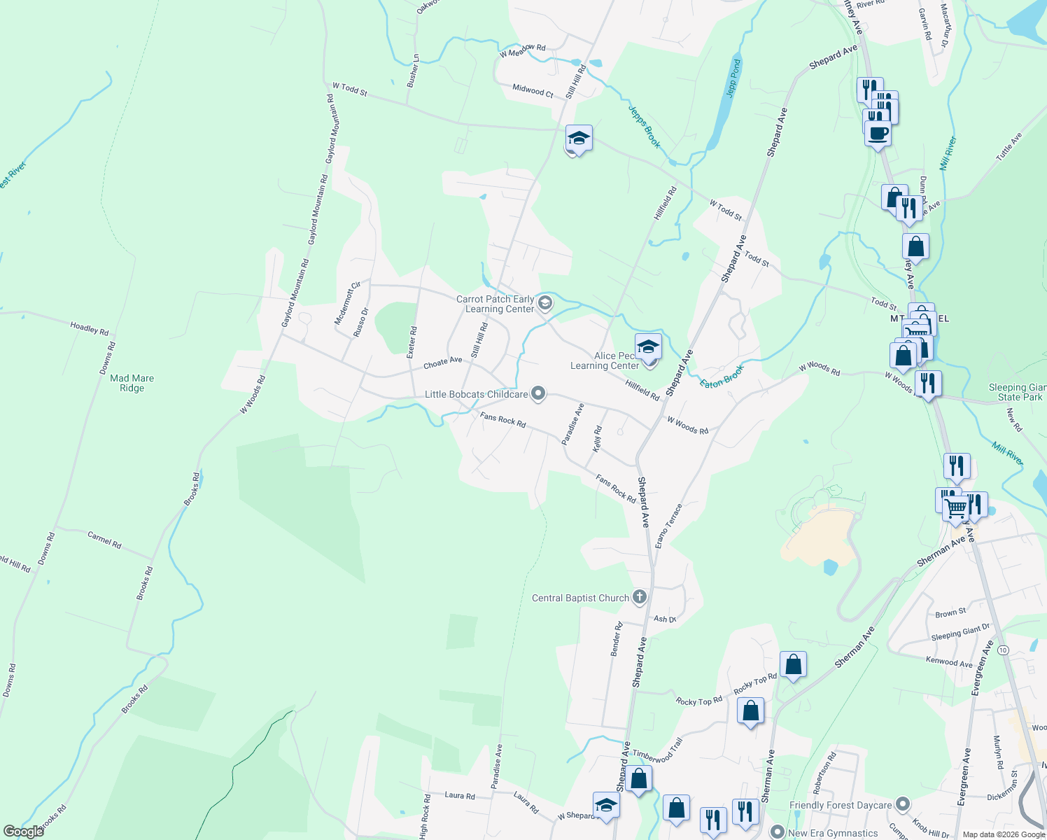 map of restaurants, bars, coffee shops, grocery stores, and more near 239 Fans Rock Road in Hamden
