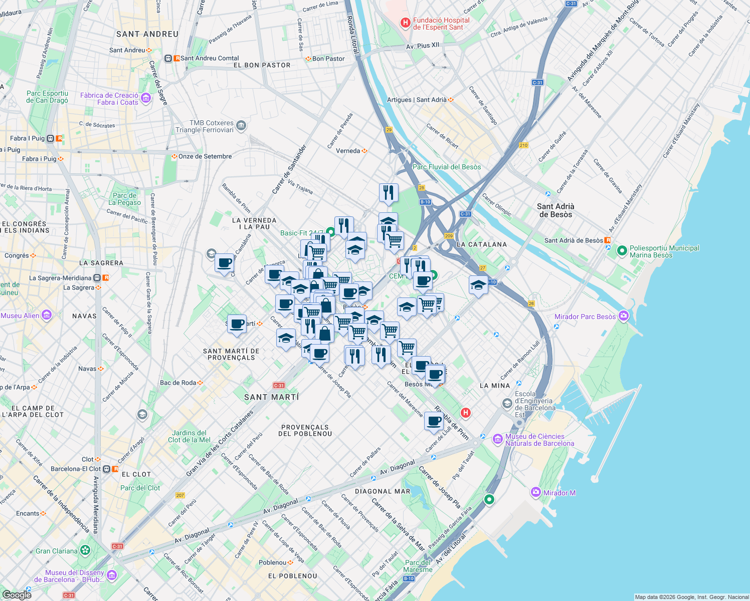 map of restaurants, bars, coffee shops, grocery stores, and more near 1184 Gran Via de les Corts Catalanes in Barcelona