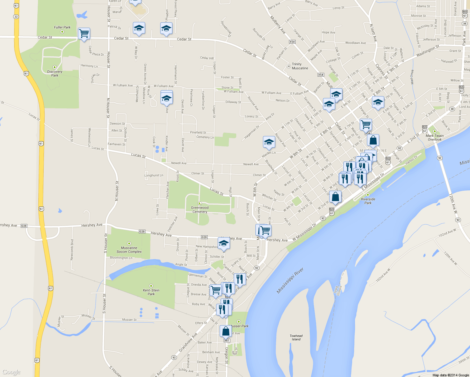map of restaurants, bars, coffee shops, grocery stores, and more near 1711 Lucas St in Muscatine