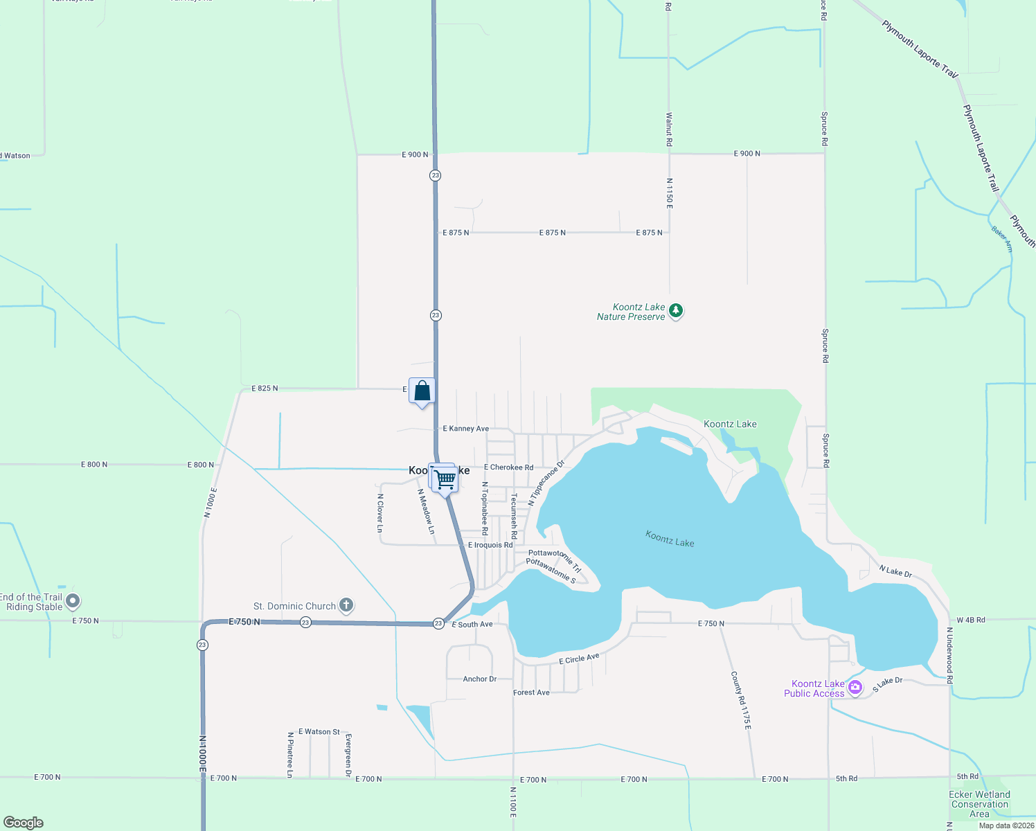 map of restaurants, bars, coffee shops, grocery stores, and more near 8175 N Oak Ave in Walkerton