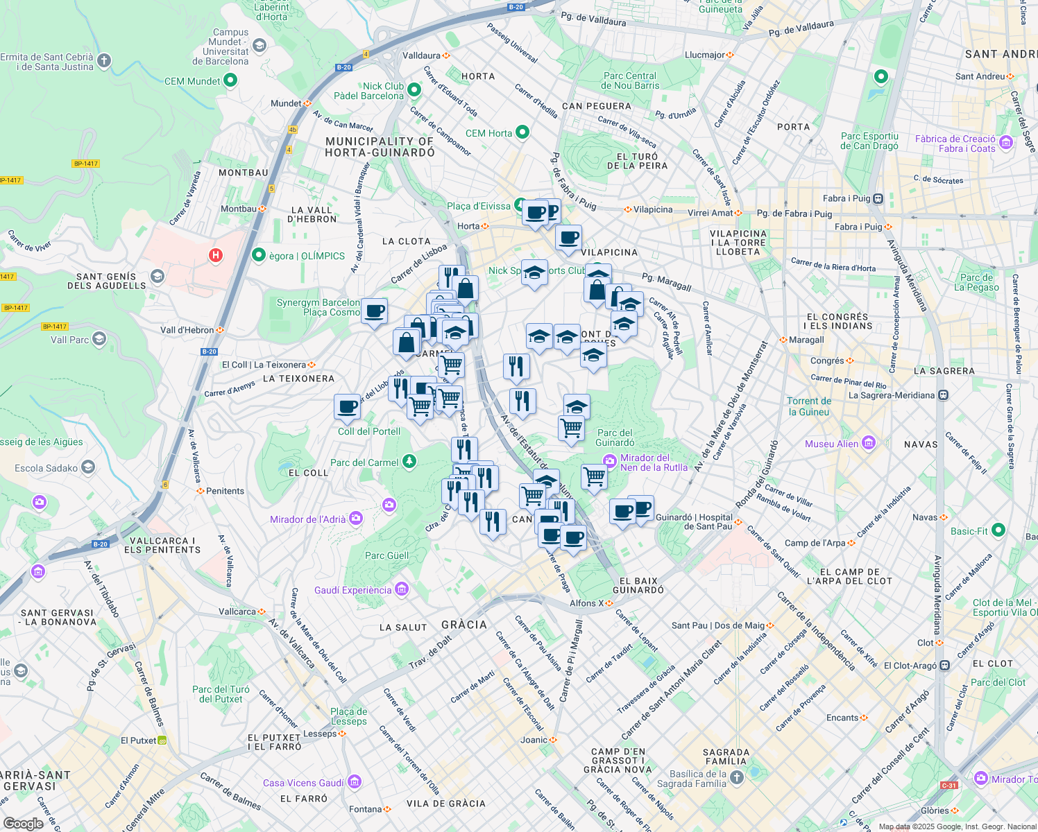 map of restaurants, bars, coffee shops, grocery stores, and more near 117 Carrer del Doctor Bové in Barcelona