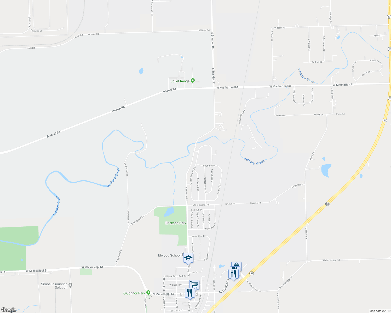 map of restaurants, bars, coffee shops, grocery stores, and more near 937 Meadowbrook Road in Elwood
