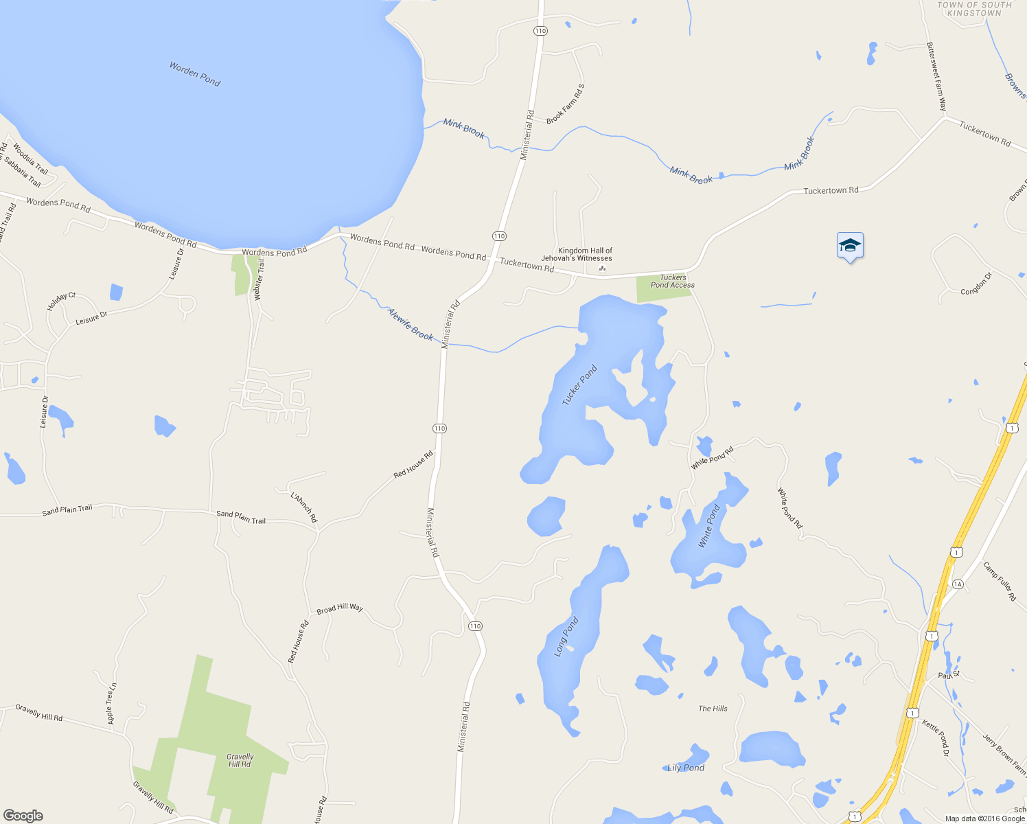 map of restaurants, bars, coffee shops, grocery stores, and more near 839 Ministerial Road in South Kingstown