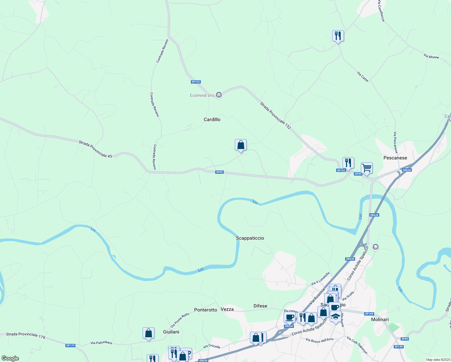 map of restaurants, bars, coffee shops, grocery stores, and more near 33 Via Ravano in Provincia di Frosinone
