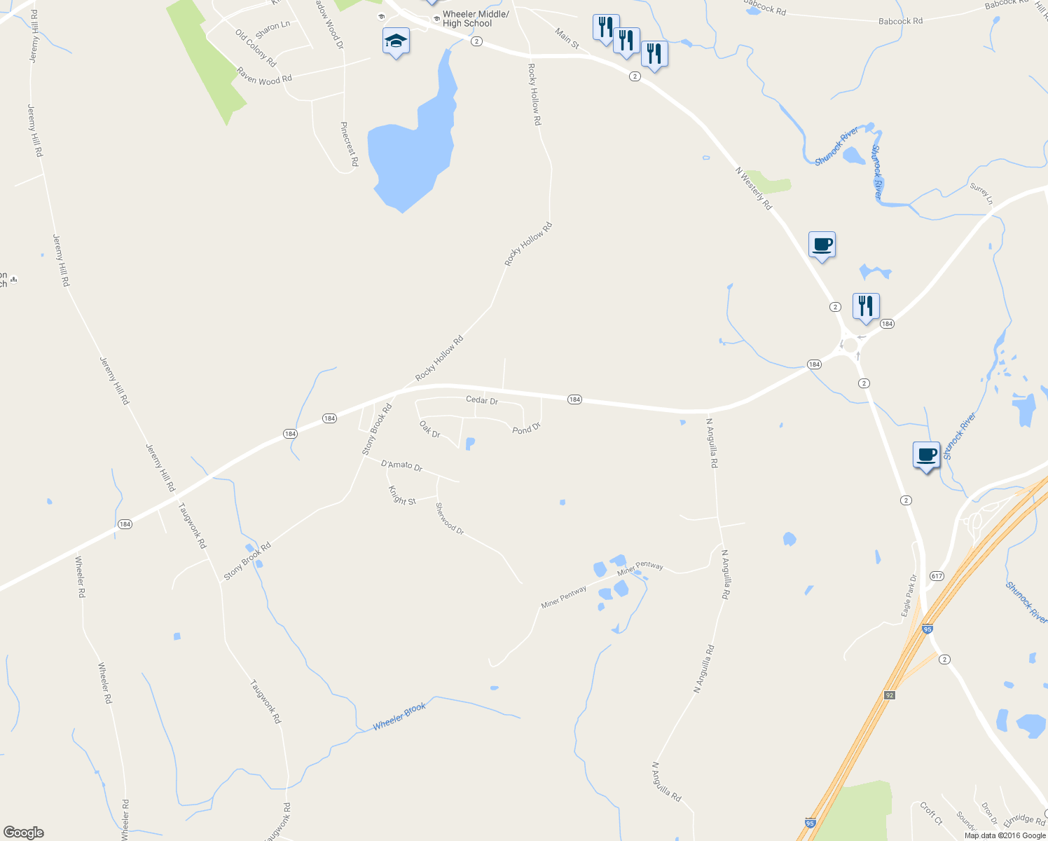 map of restaurants, bars, coffee shops, grocery stores, and more near 3 Cedar Drive in North Stonington