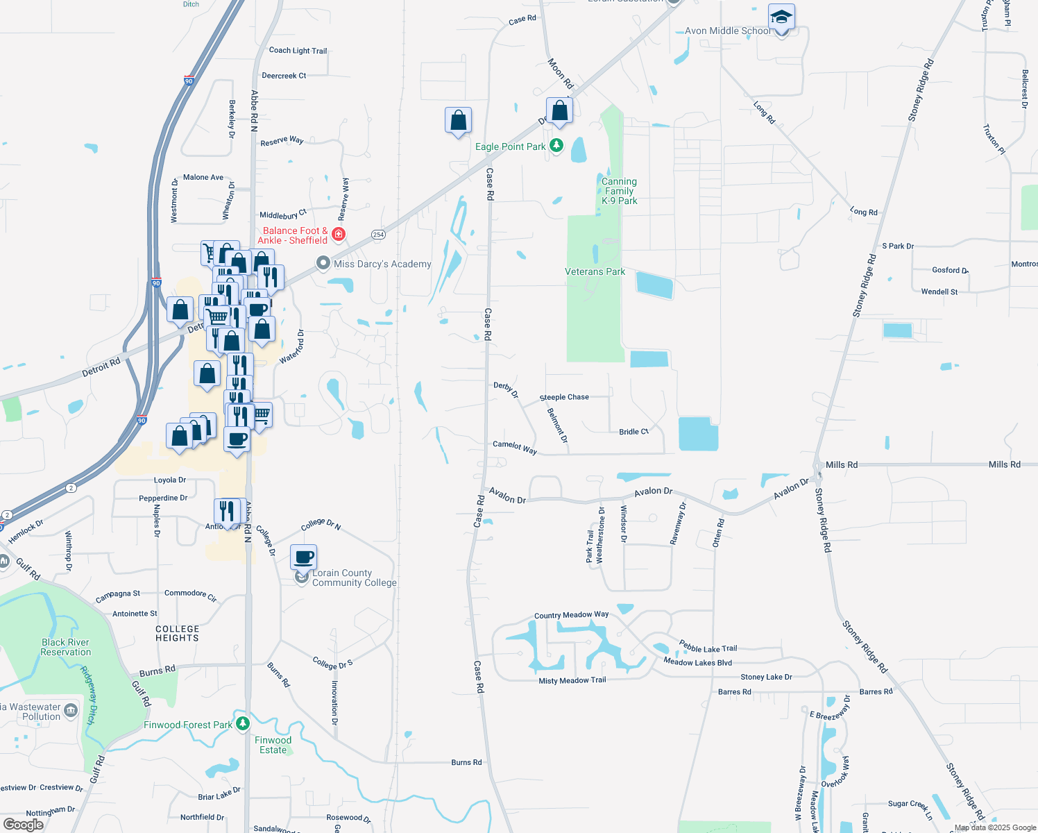 map of restaurants, bars, coffee shops, grocery stores, and more near 4704 Derby Drive in Avon