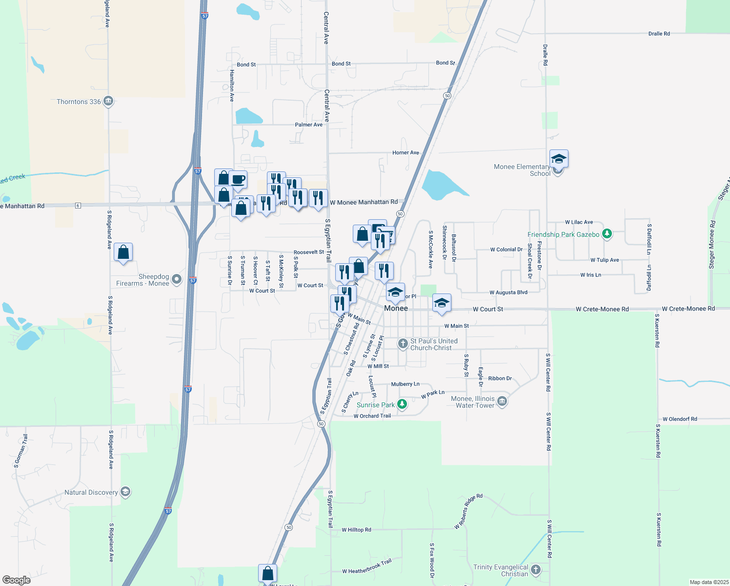 map of restaurants, bars, coffee shops, grocery stores, and more near 25830 South Chestnut Road in Monee