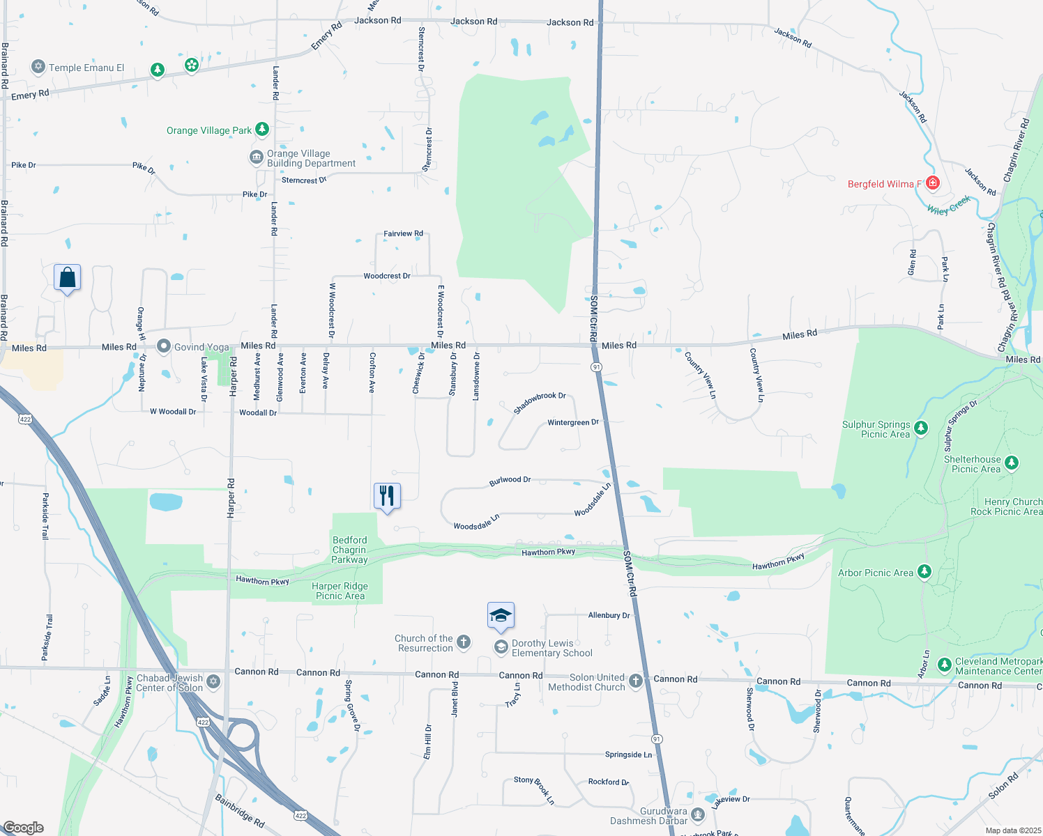 map of restaurants, bars, coffee shops, grocery stores, and more near 32580 Shadowbrook Dr in Solon