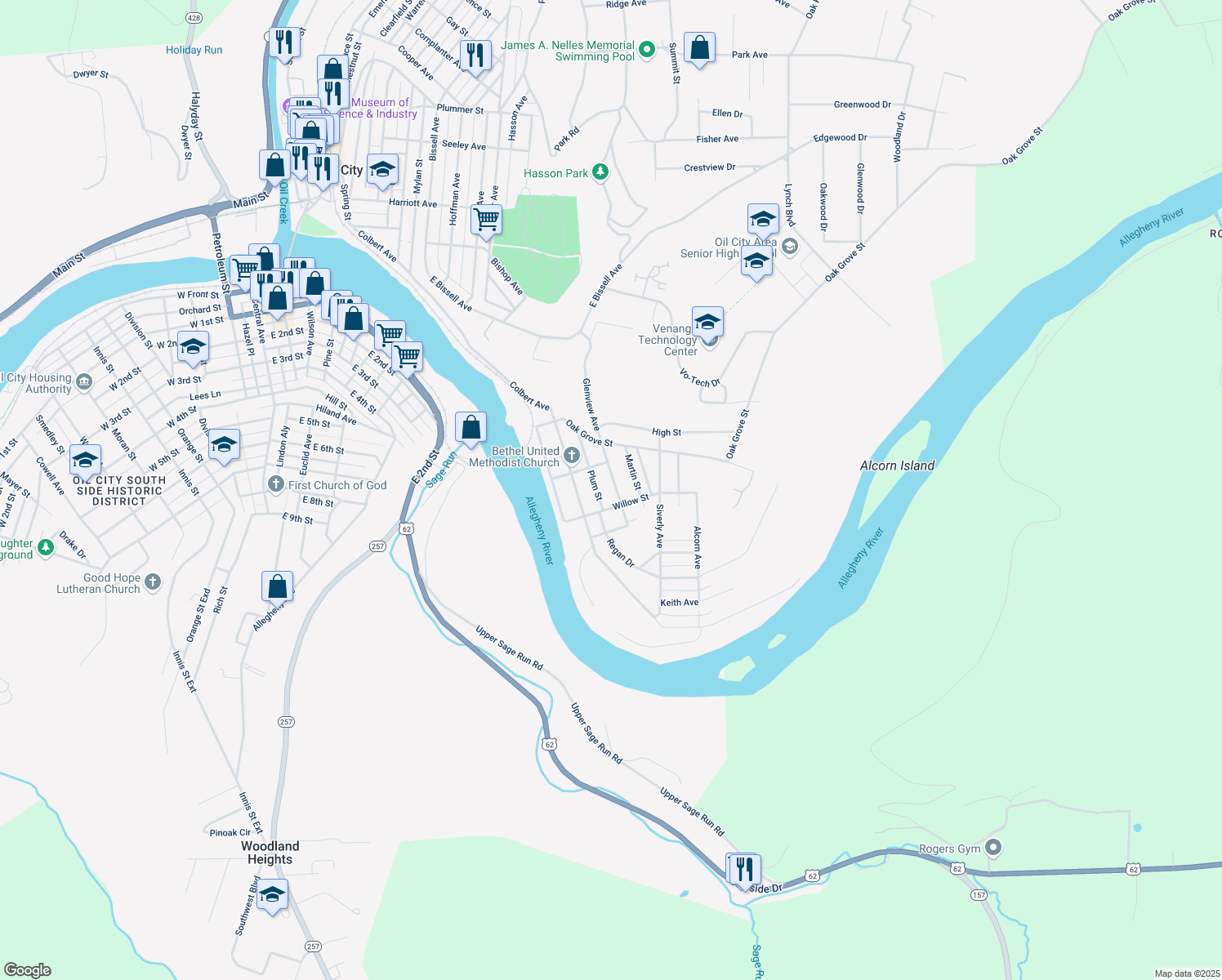 map of restaurants, bars, coffee shops, grocery stores, and more near 112 Glenview Ave in Oil City