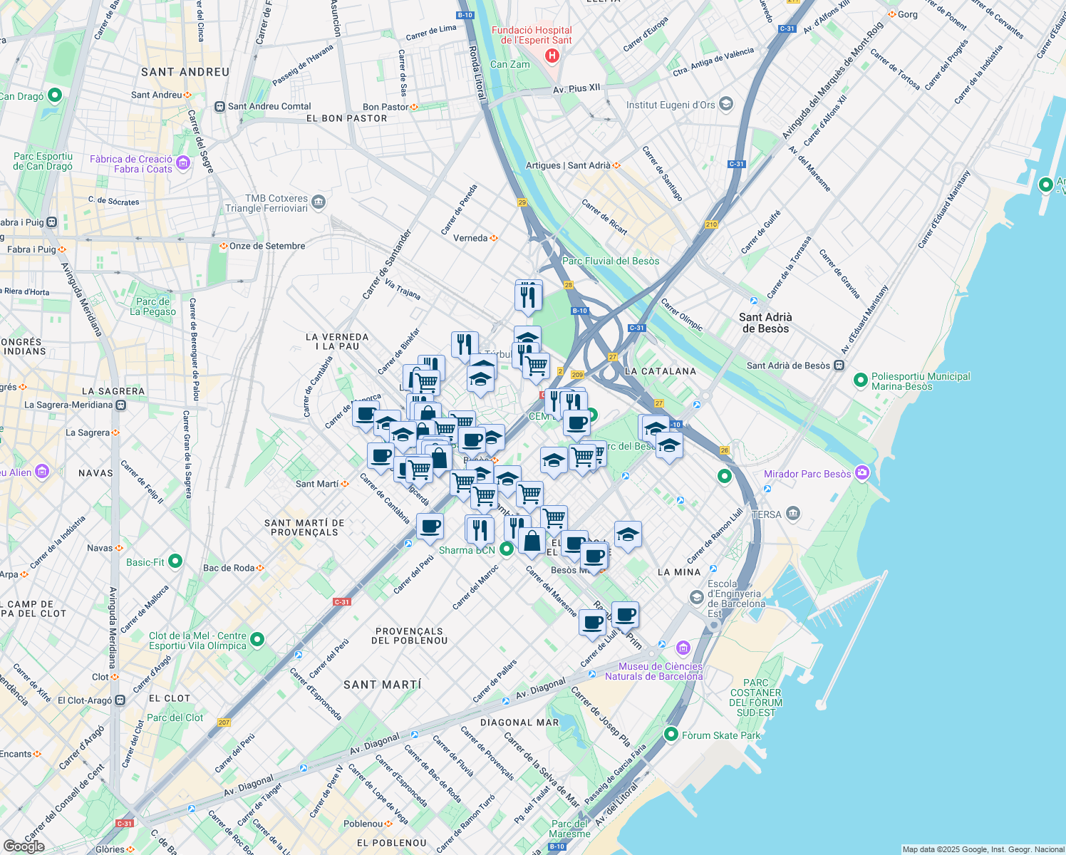 map of restaurants, bars, coffee shops, grocery stores, and more near 8 Avinguda de les Corts Catalanes in Barcelona