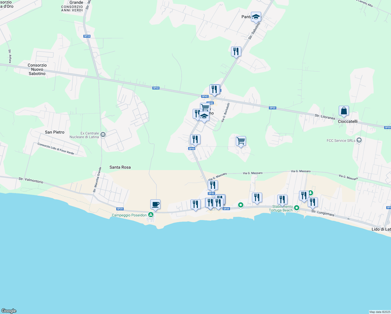 map of restaurants, bars, coffee shops, grocery stores, and more near Strada Foce Verde in Borgo Sabotino-foce Verde