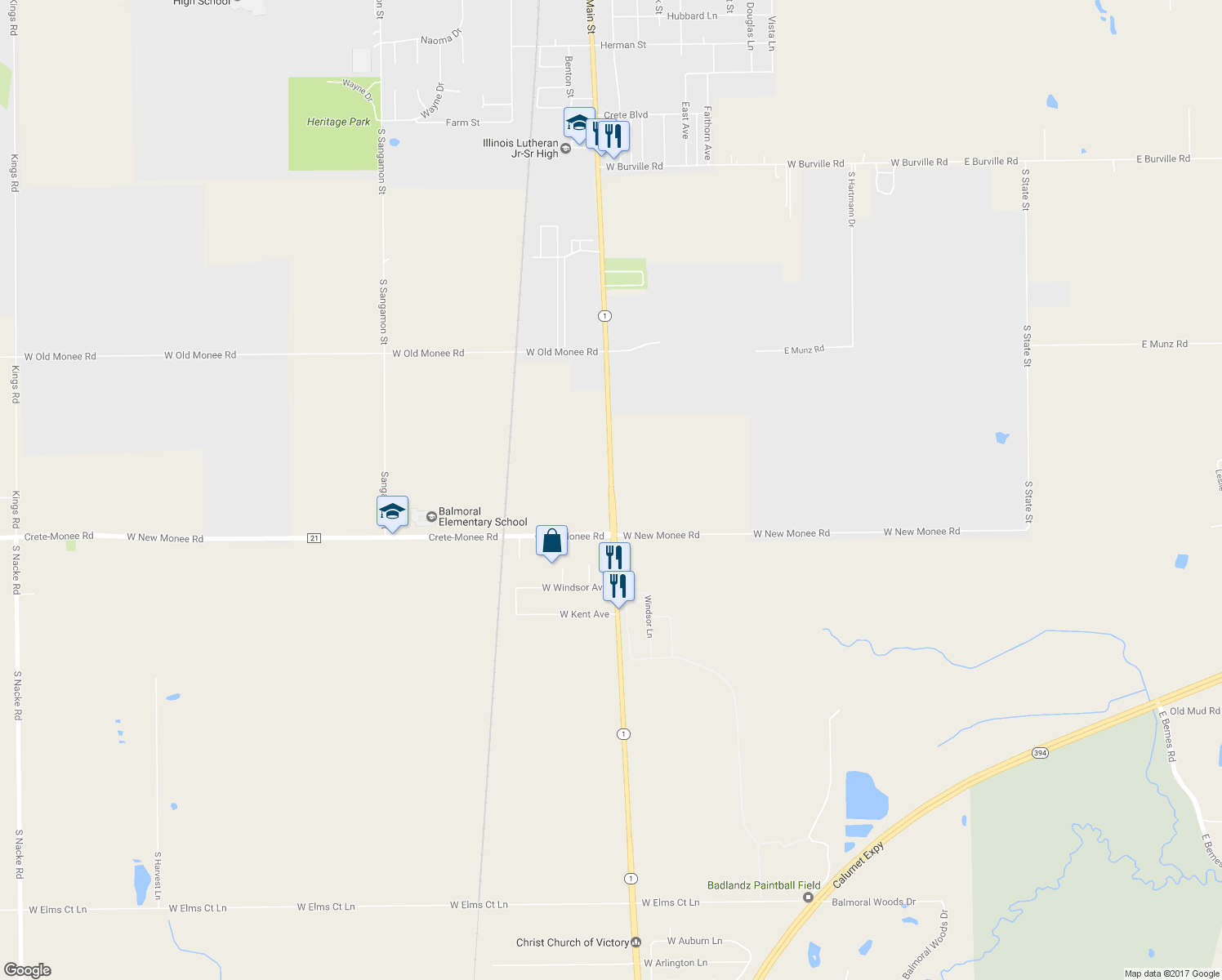 map of restaurants, bars, coffee shops, grocery stores, and more near 25800 South Dixie Highway in Crete