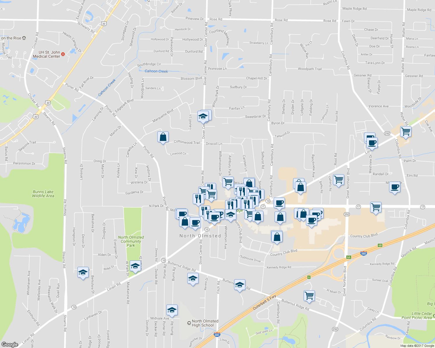 map of restaurants, bars, coffee shops, grocery stores, and more near 4620 Williamstown Drive in North Olmsted