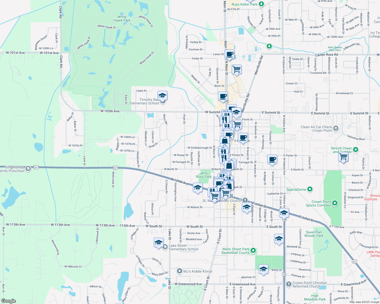 map of restaurants, bars, coffee shops, grocery stores, and more near 405 Ruschli Street in Crown Point
