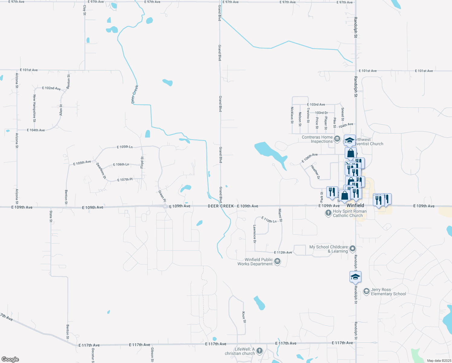 map of restaurants, bars, coffee shops, grocery stores, and more near 10759 Grand Boulevard in Crown Point