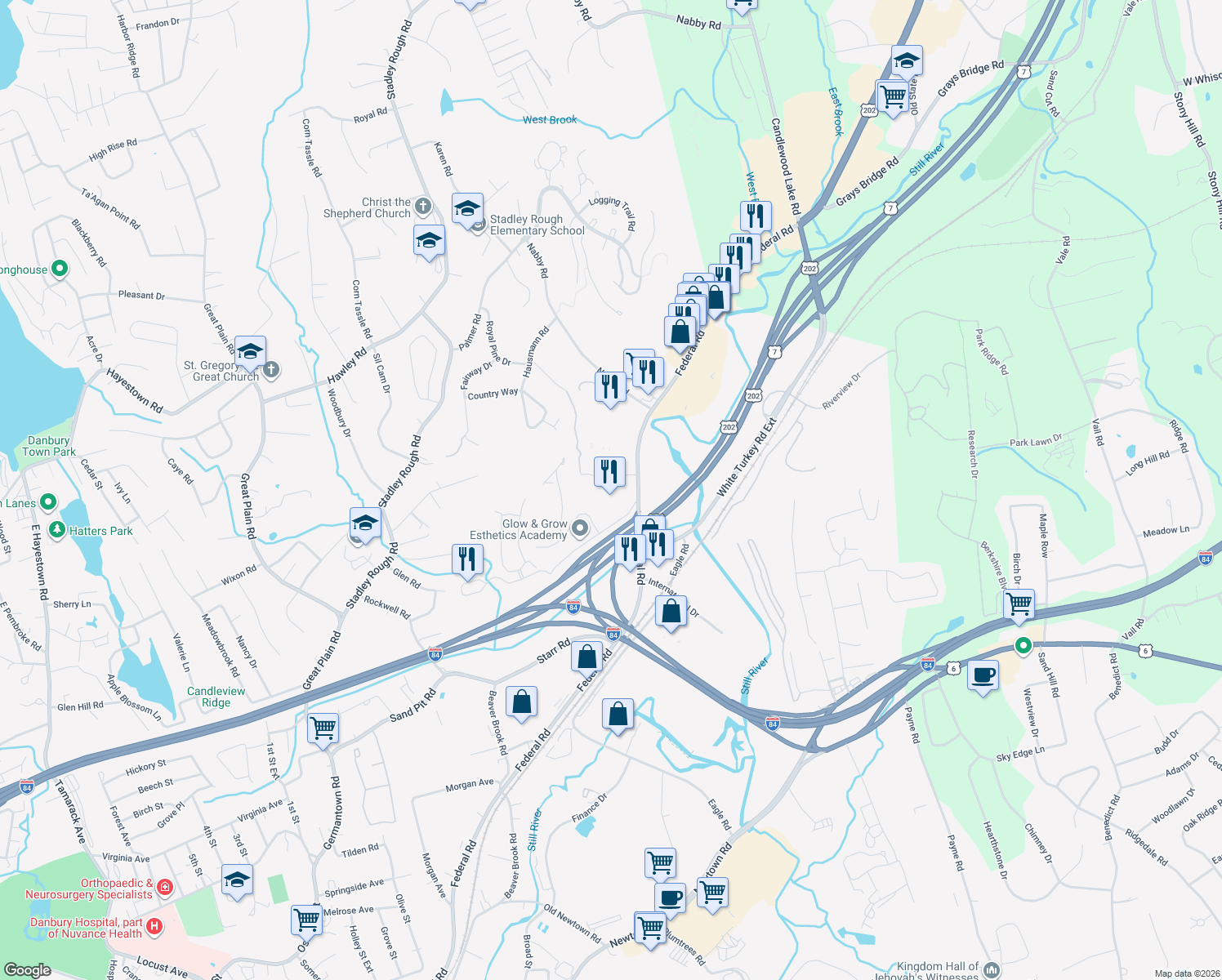 map of restaurants, bars, coffee shops, grocery stores, and more near 110 Federal Road in Danbury