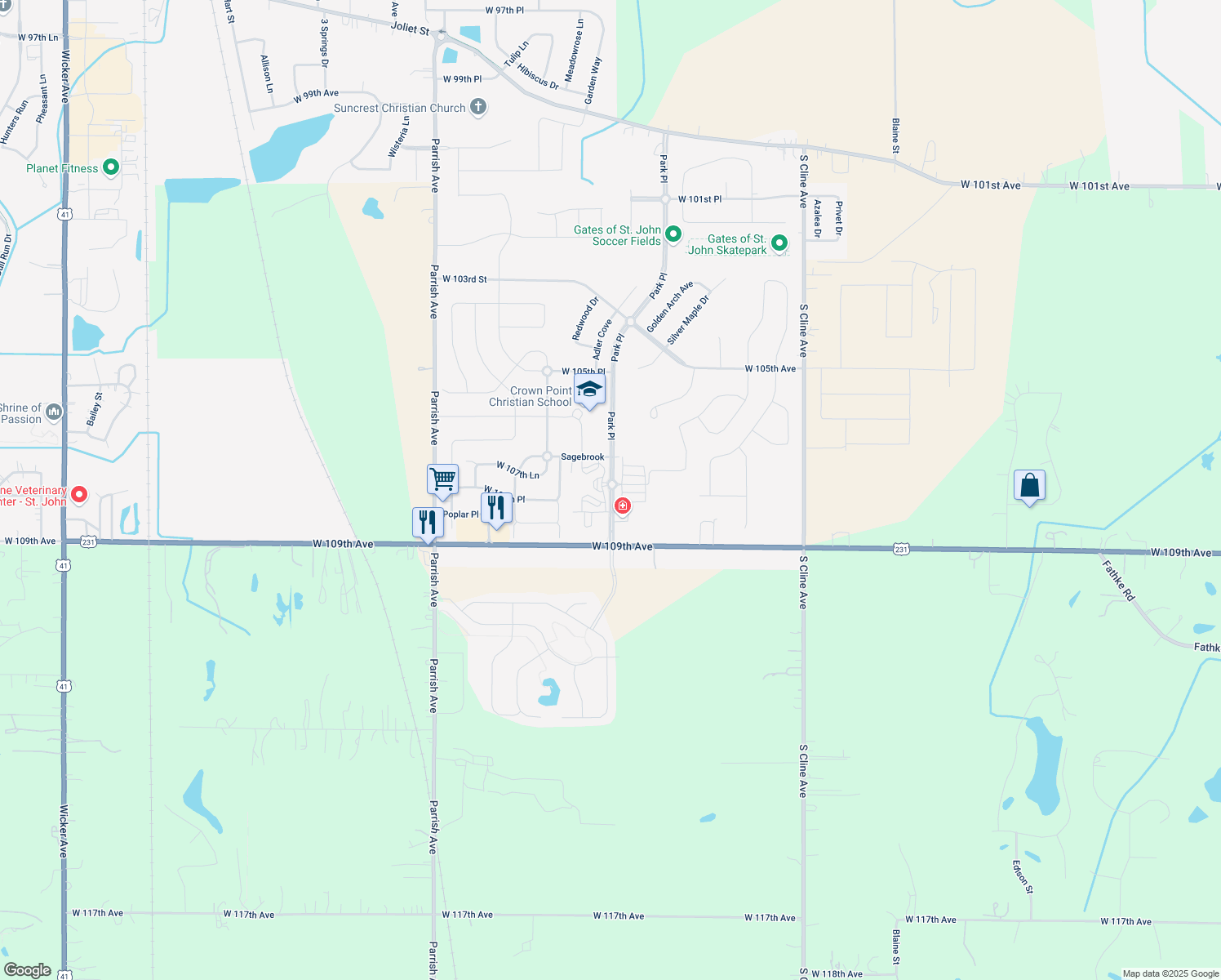 map of restaurants, bars, coffee shops, grocery stores, and more near 18001 Park Pl in St John