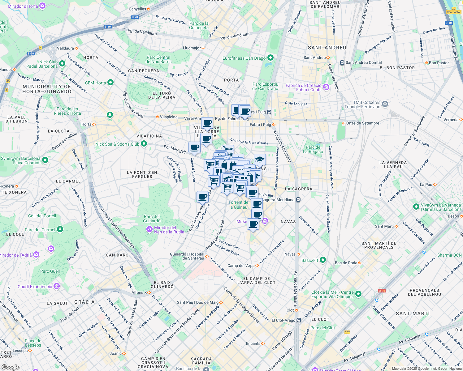 map of restaurants, bars, coffee shops, grocery stores, and more near 195 Passeig de Maragall in Barcelona