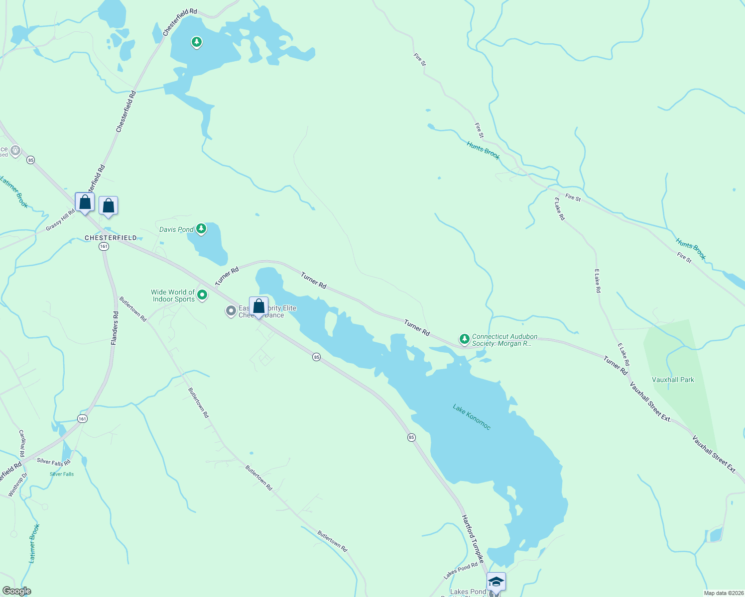 map of restaurants, bars, coffee shops, grocery stores, and more near 257 Turner Road in Montville