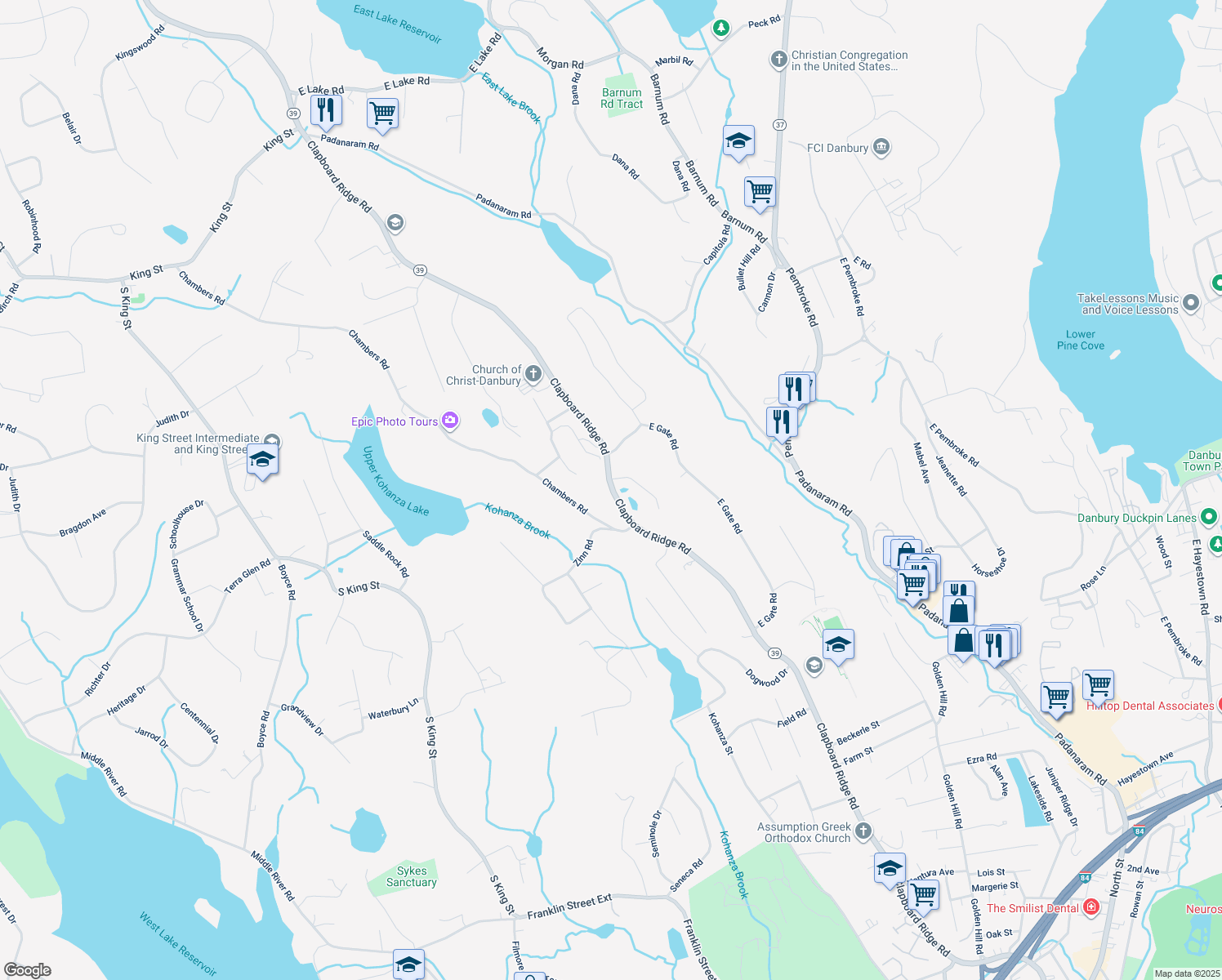 map of restaurants, bars, coffee shops, grocery stores, and more near 76c Clapboard Ridge Road in Danbury