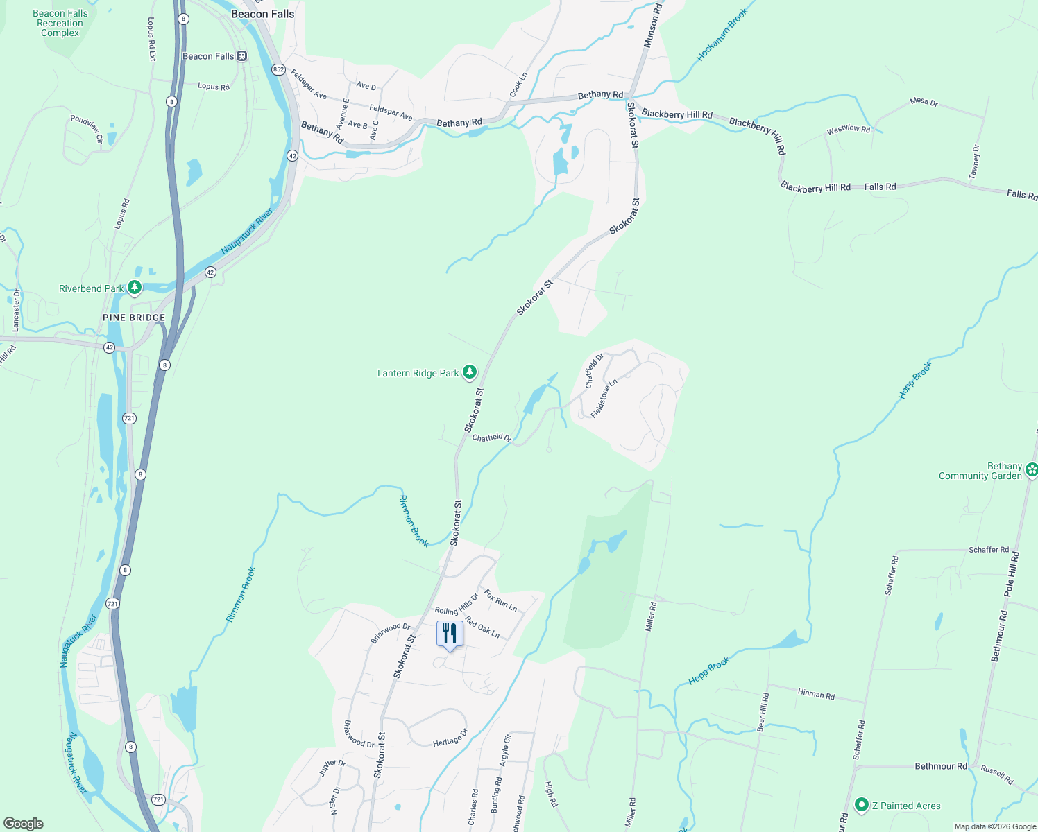 map of restaurants, bars, coffee shops, grocery stores, and more near 2-98 Lakeview Rise in Beacon Falls