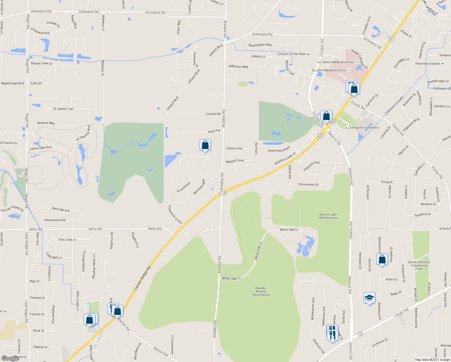 map of restaurants, bars, coffee shops, grocery stores, and more near 4523 Bradley Rd in Westlake