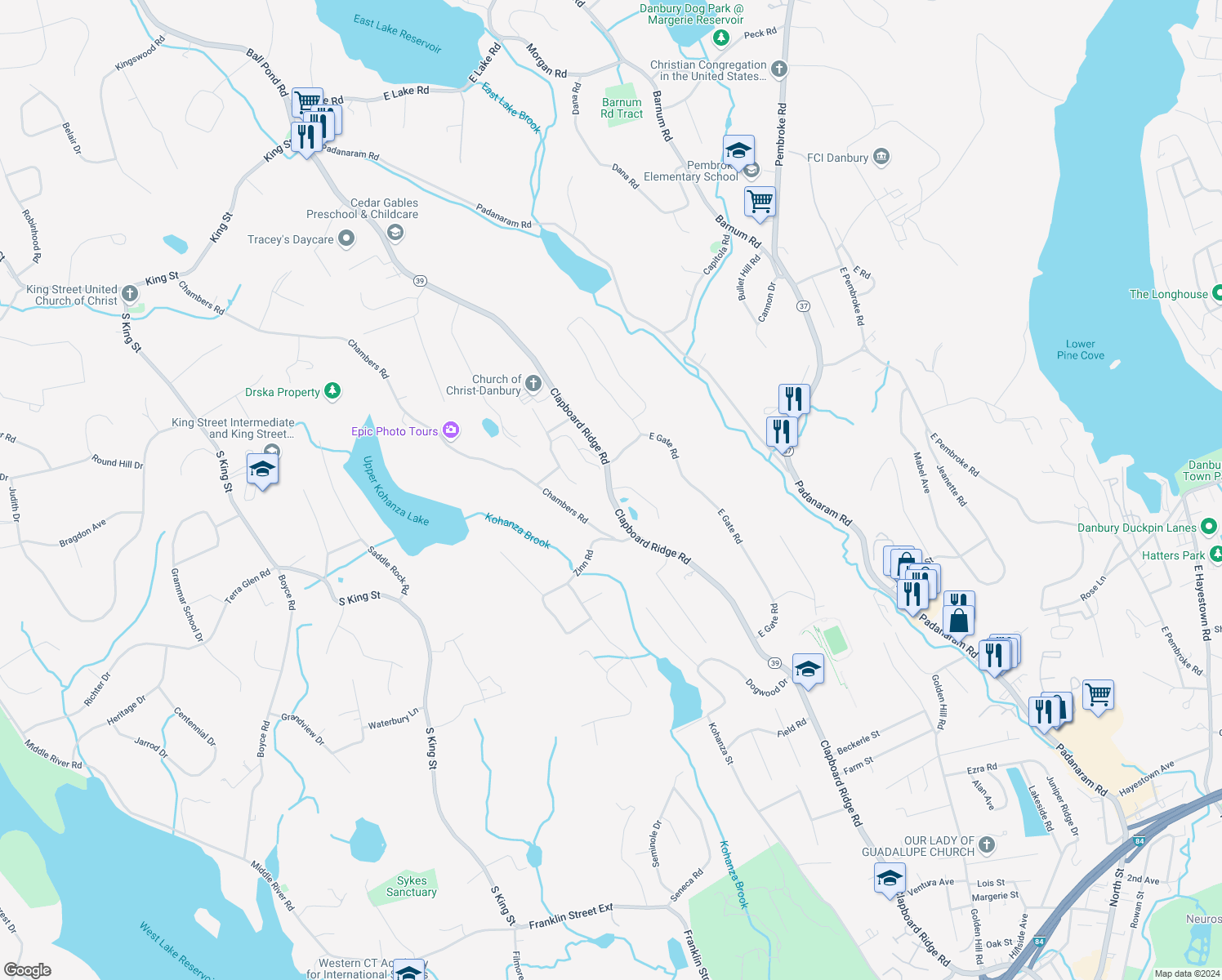 map of restaurants, bars, coffee shops, grocery stores, and more near 76c Clapboard Ridge Road in Danbury