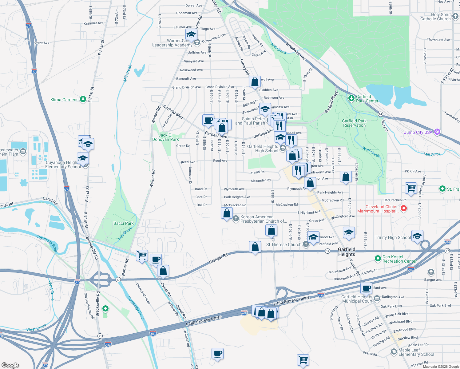 map of restaurants, bars, coffee shops, grocery stores, and more near 4991 East 90th Street in Garfield Heights