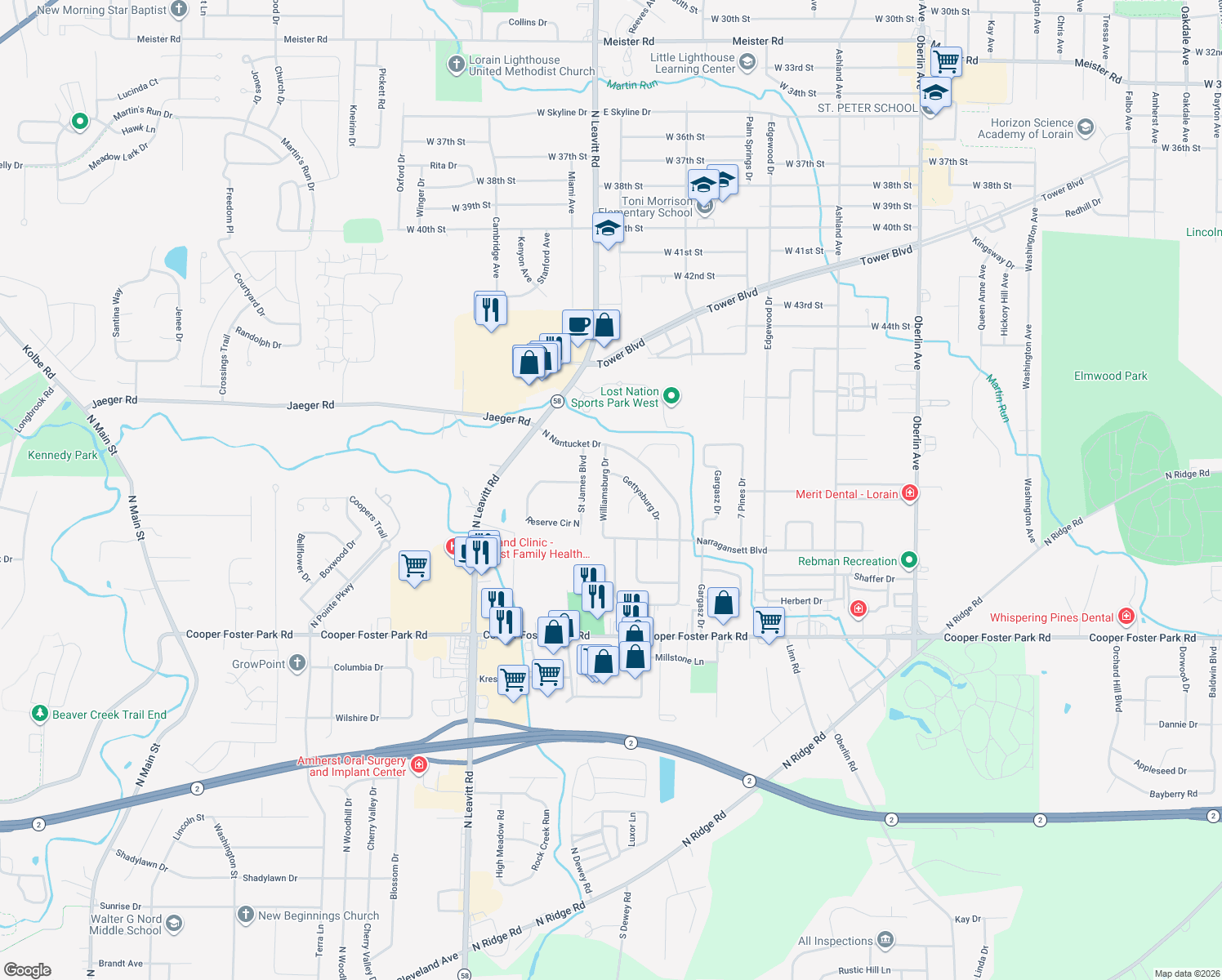 map of restaurants, bars, coffee shops, grocery stores, and more near 5213 Williamsburg Dr in Lorain
