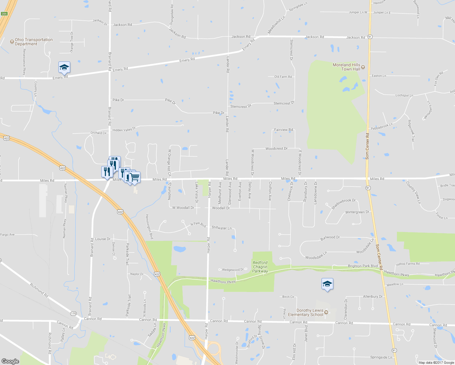 map of restaurants, bars, coffee shops, grocery stores, and more near 30320 Miles Road in Solon