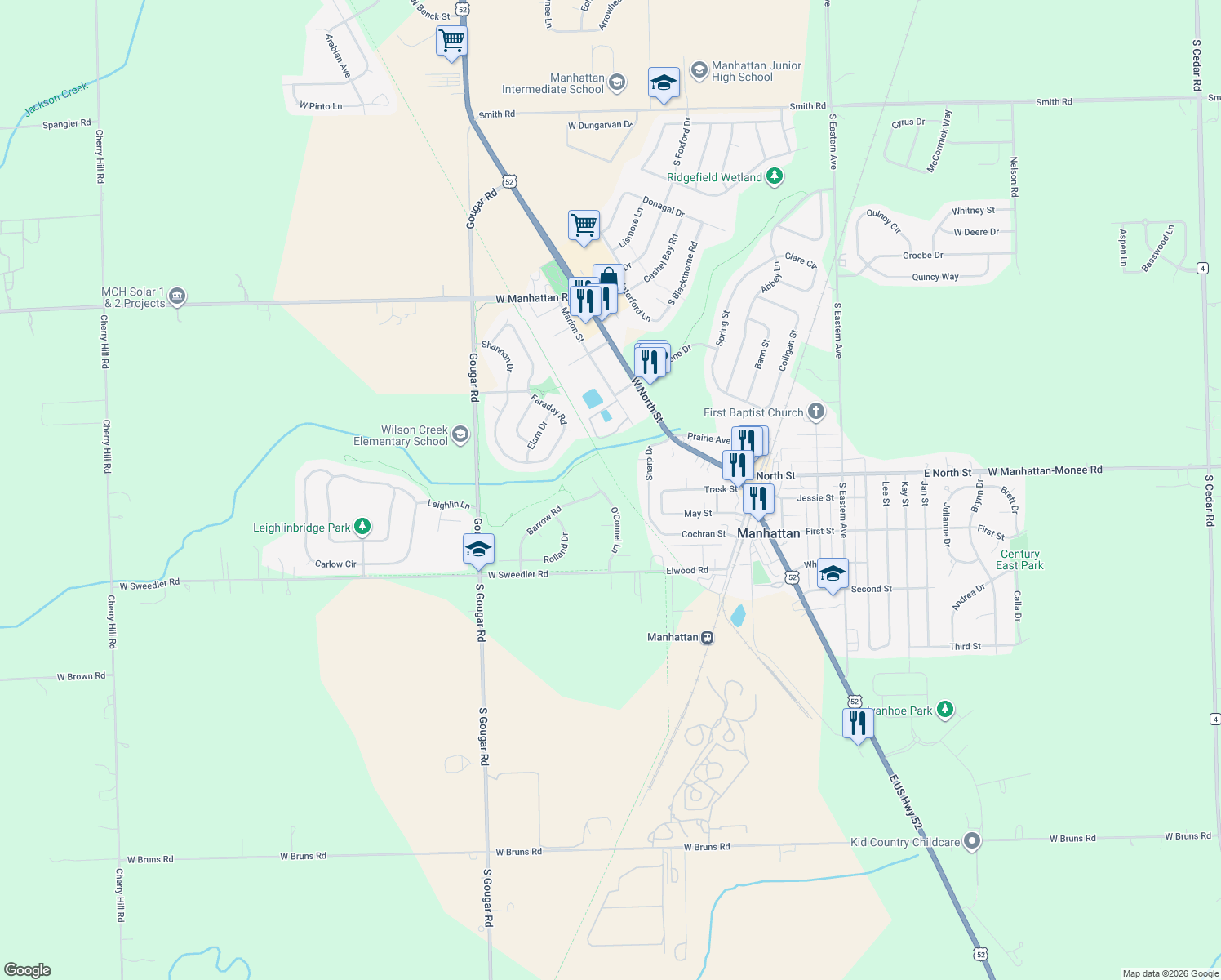 map of restaurants, bars, coffee shops, grocery stores, and more near 25483 O'Connel Lane in Manhattan