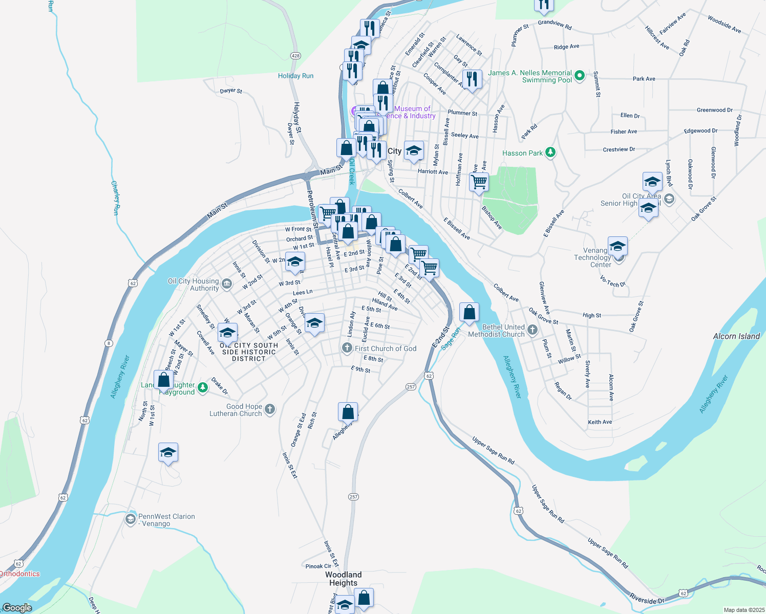 map of restaurants, bars, coffee shops, grocery stores, and more near 116 E 5th St in Oil City