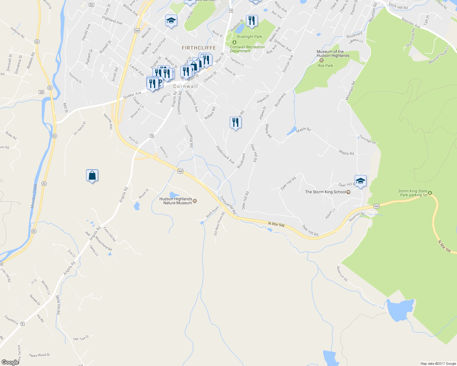 map of restaurants, bars, coffee shops, grocery stores, and more near 201 Boulevard in Cornwall
