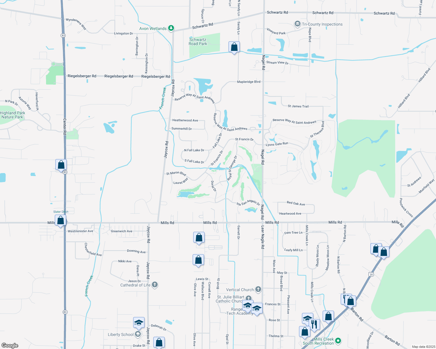 map of restaurants, bars, coffee shops, grocery stores, and more near 4454 Silver Oak Dr in Avon