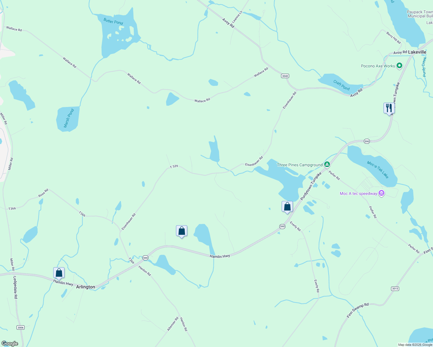 map of restaurants, bars, coffee shops, grocery stores, and more near 26 Wild Acres Road in Lake Ariel