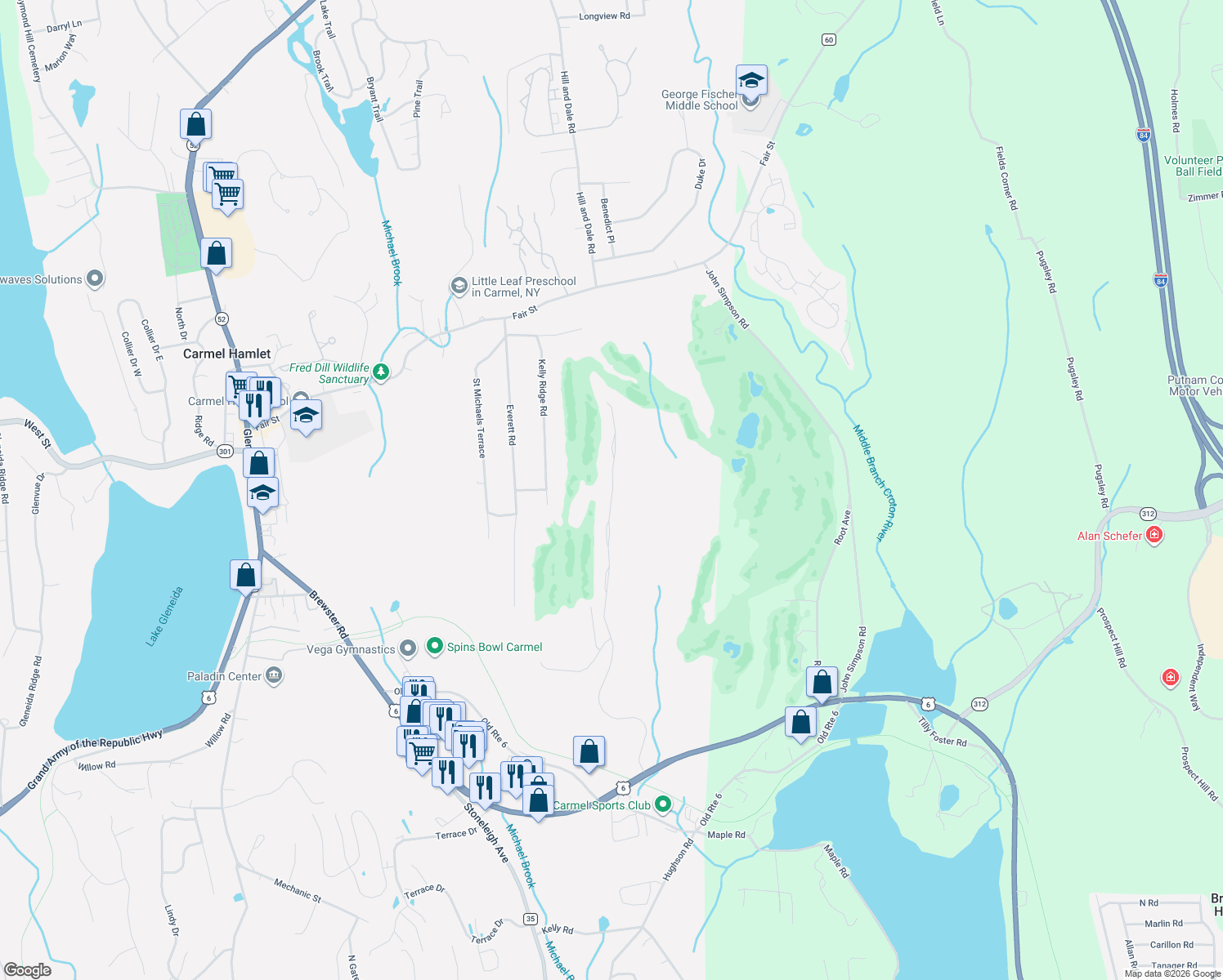 map of restaurants, bars, coffee shops, grocery stores, and more near 4137 Fairways Drive in Carmel Hamlet