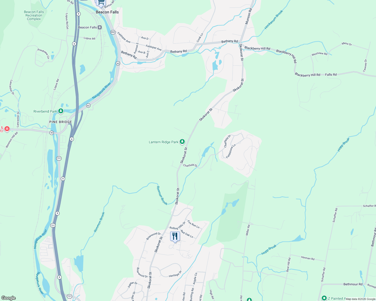 map of restaurants, bars, coffee shops, grocery stores, and more near 639 Skokorat Street in Beacon Falls