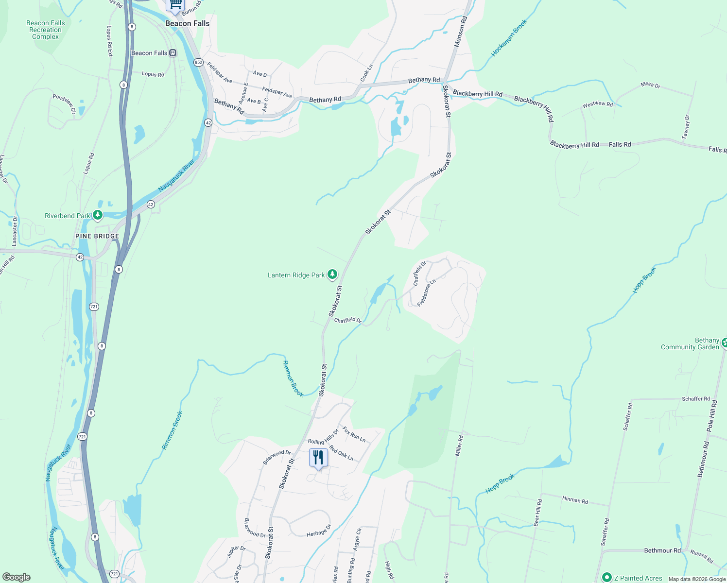 map of restaurants, bars, coffee shops, grocery stores, and more near 2-98 Lakeview Rise in Beacon Falls
