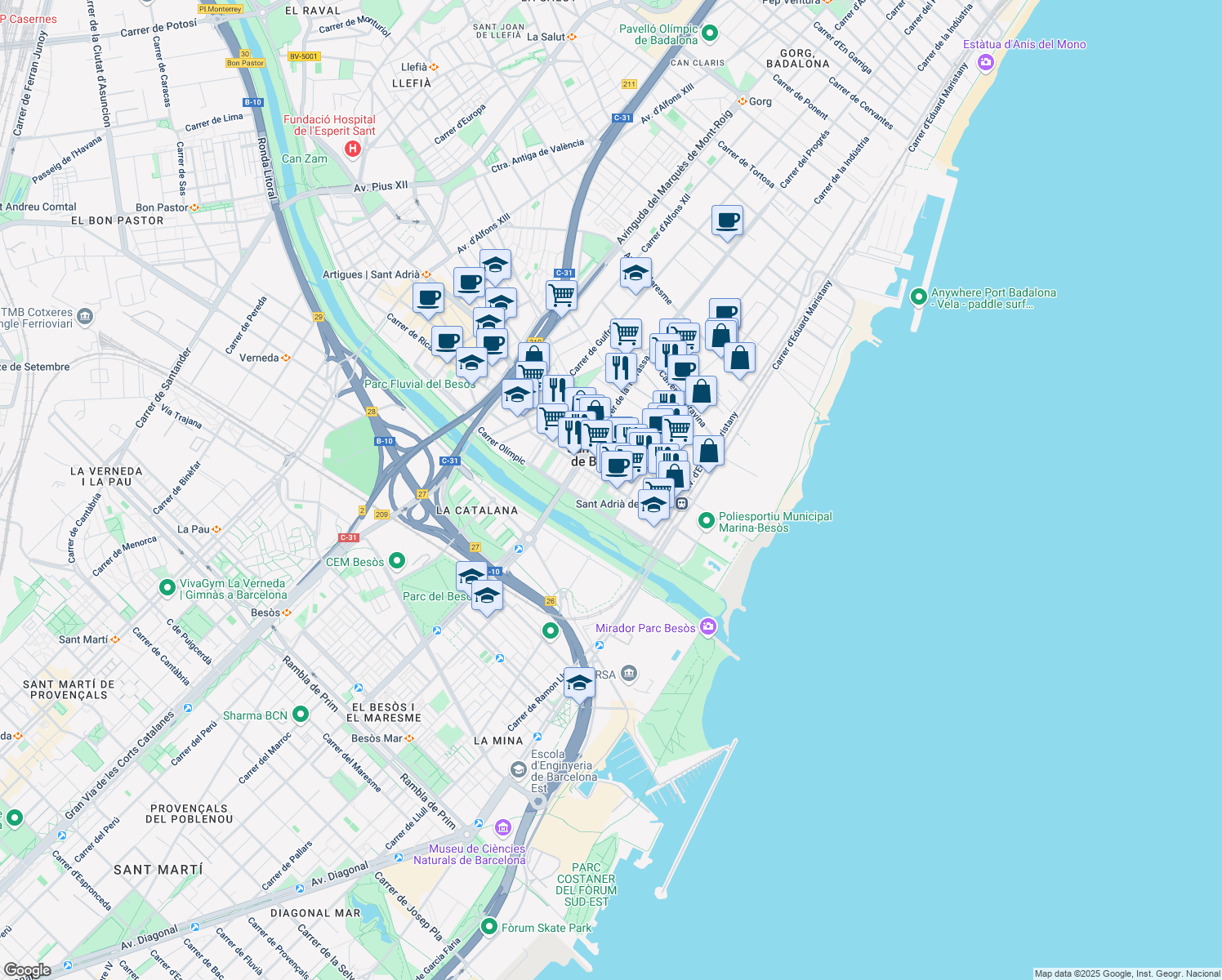 map of restaurants, bars, coffee shops, grocery stores, and more near 104 Carrer de la Mare de Déu del Carme in Sant Adrià de Besòs