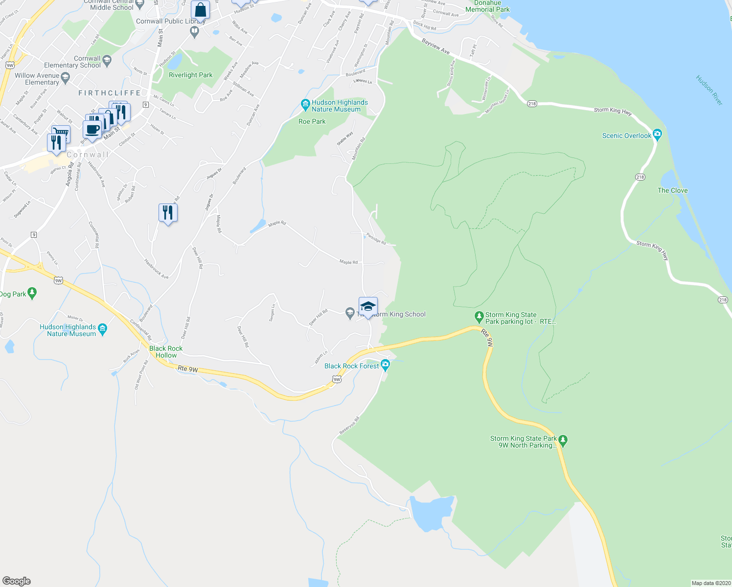 map of restaurants, bars, coffee shops, grocery stores, and more near 281 Mountain Road in Cornwall-on-Hudson
