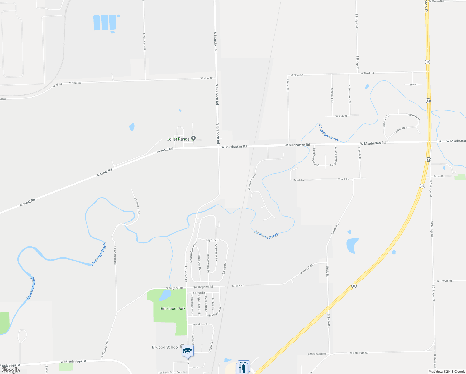 map of restaurants, bars, coffee shops, grocery stores, and more near 25323 South Brandon Road in Elwood