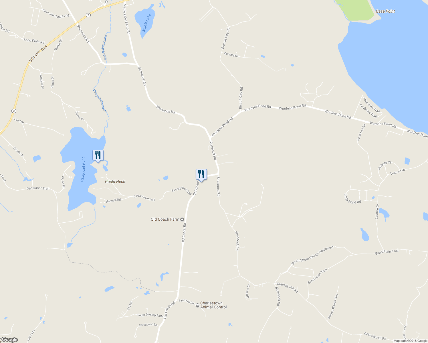 map of restaurants, bars, coffee shops, grocery stores, and more near 1190 Shannock Road in Charlestown