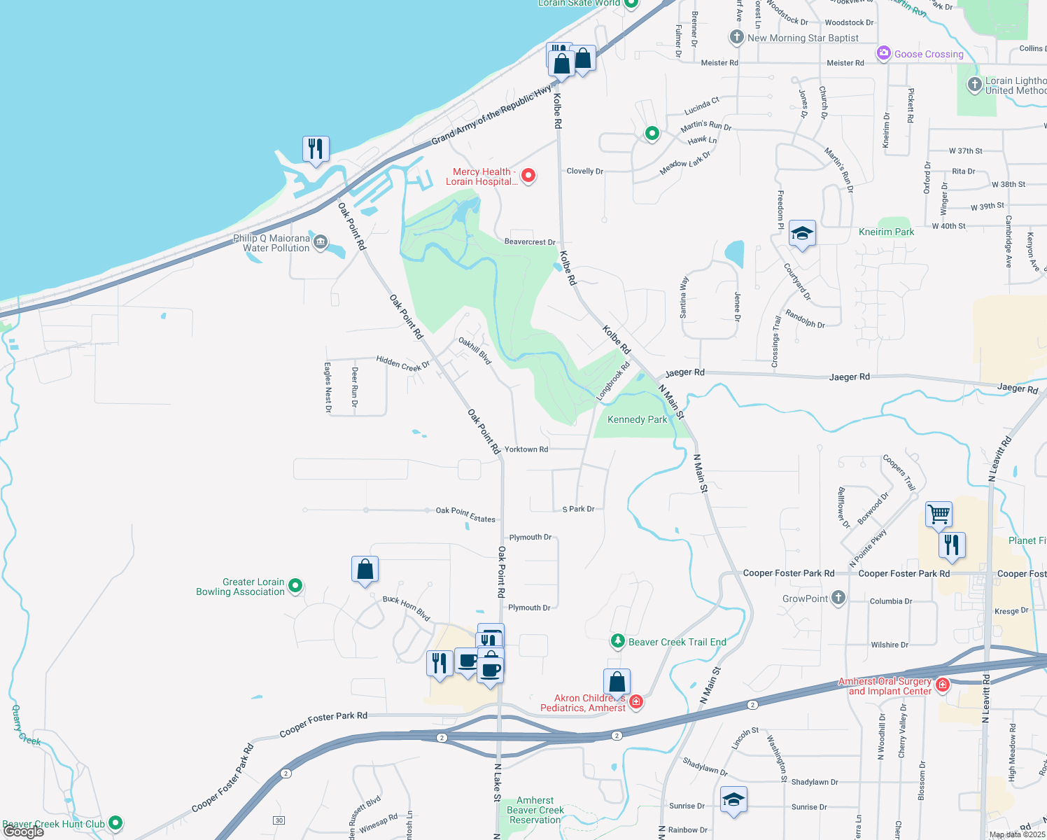 map of restaurants, bars, coffee shops, grocery stores, and more near 5043 Oakhill Boulevard in Lorain