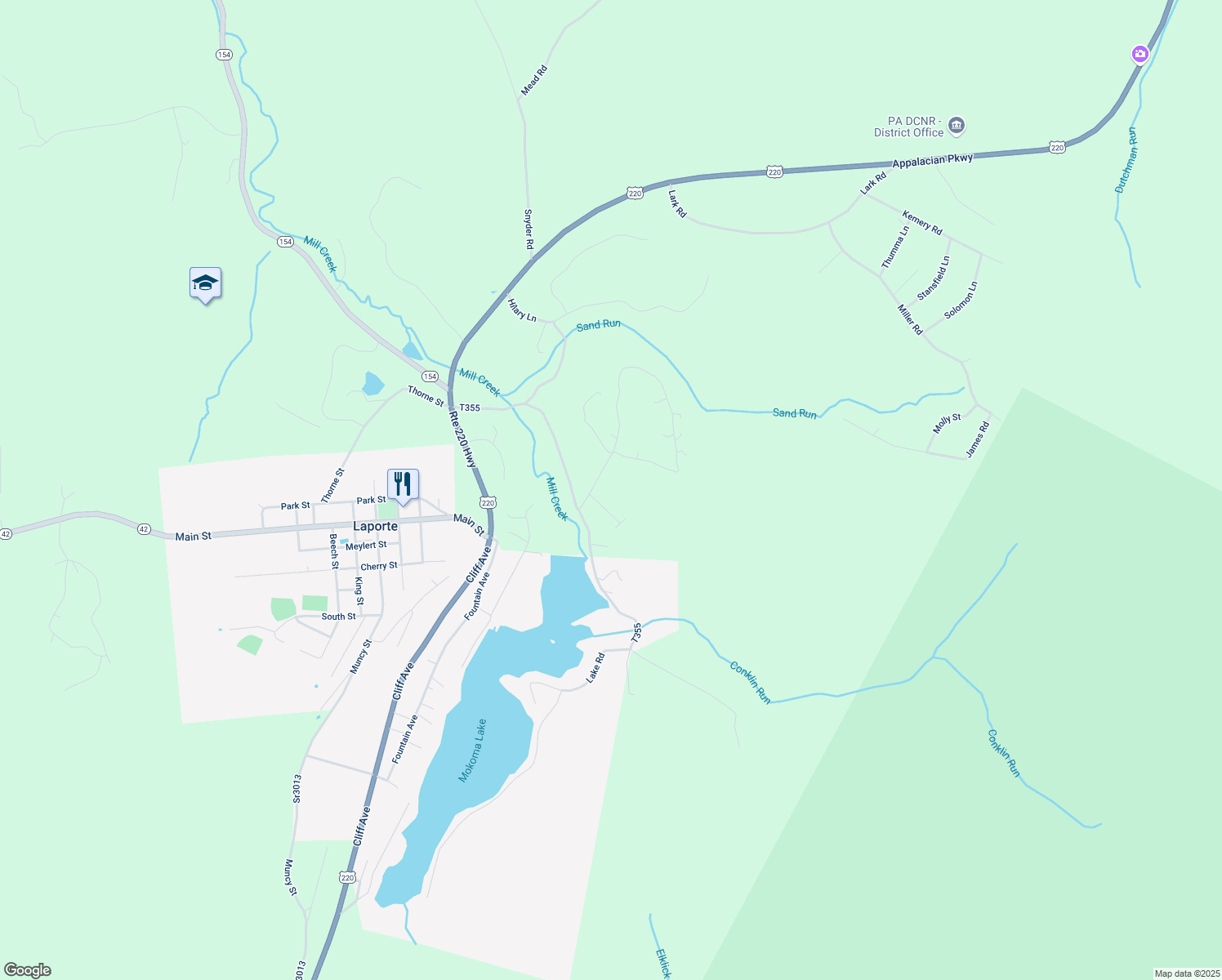 map of restaurants, bars, coffee shops, grocery stores, and more near Rock Hills Road in Dushore