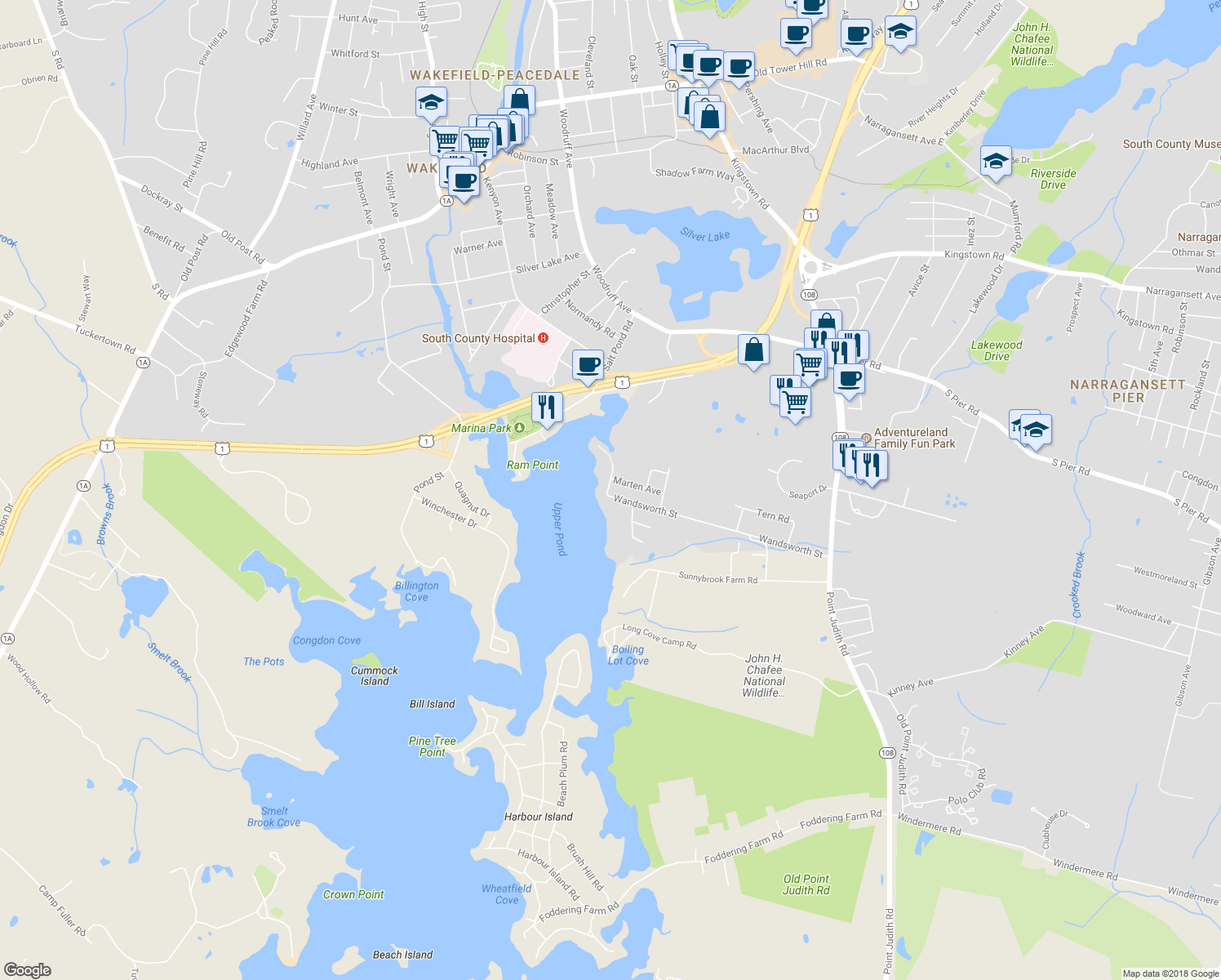 map of restaurants, bars, coffee shops, grocery stores, and more near 1 Gull Road in Narragansett