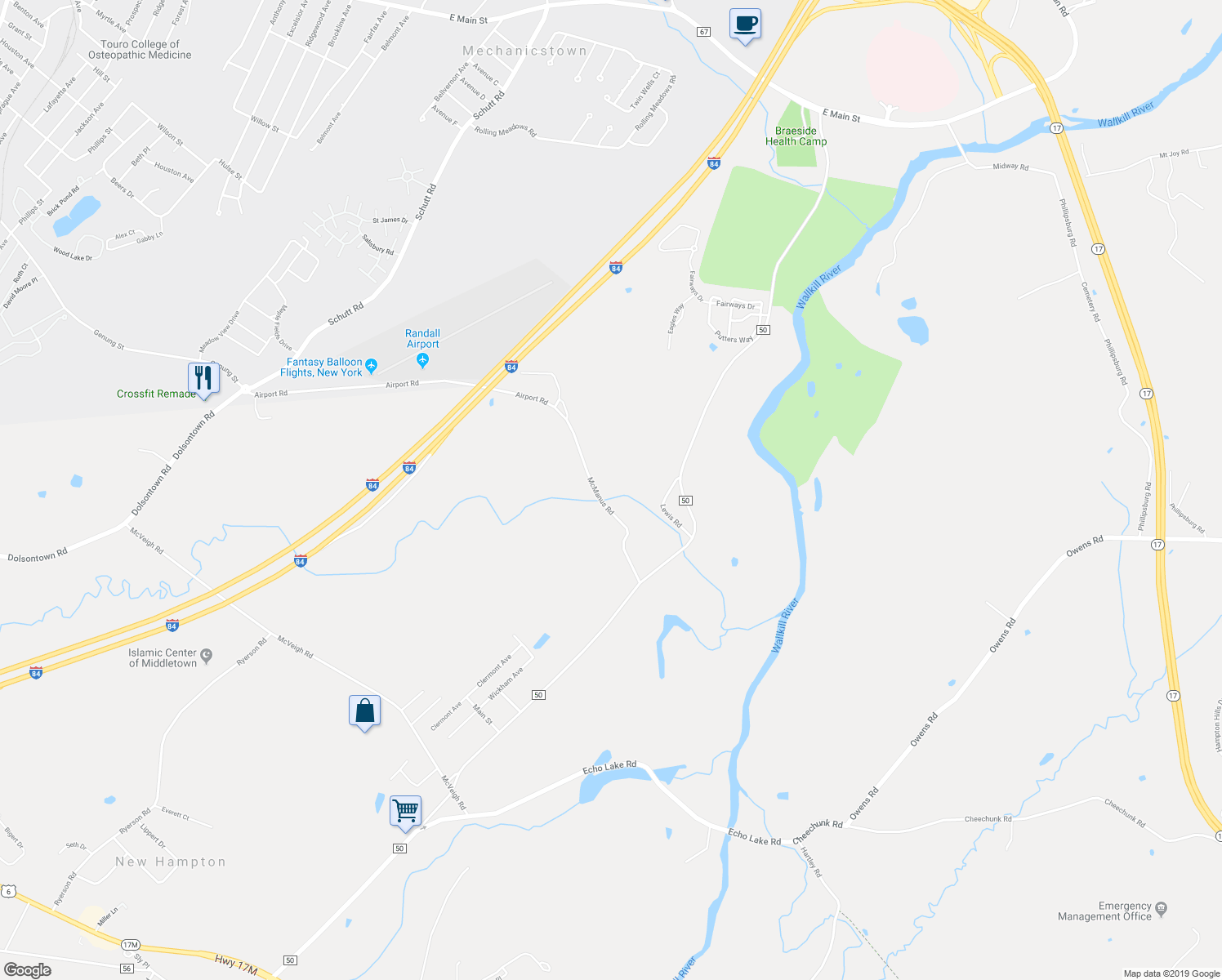 map of restaurants, bars, coffee shops, grocery stores, and more near 237 McManus Road in New Hampton