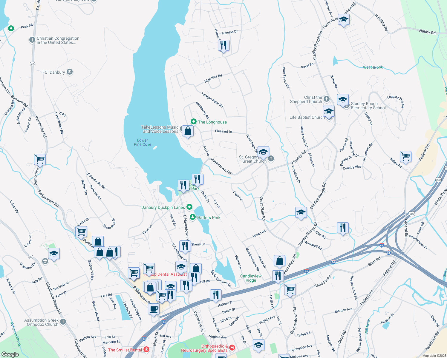 map of restaurants, bars, coffee shops, grocery stores, and more near 22 Hawley Road Extension in Danbury