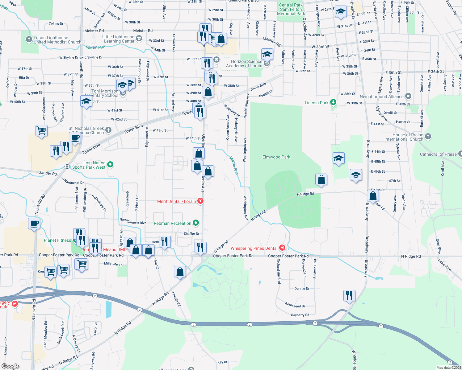 map of restaurants, bars, coffee shops, grocery stores, and more near 4724 Queen Anne Ave in Lorain