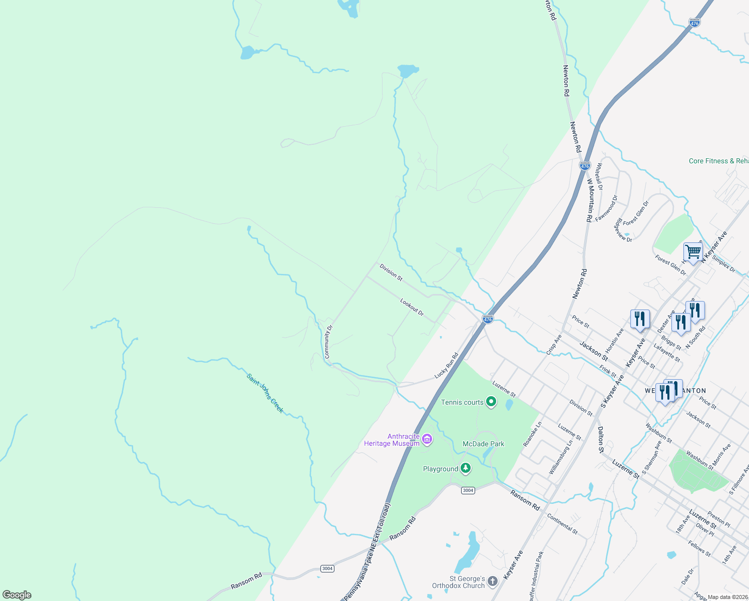 map of restaurants, bars, coffee shops, grocery stores, and more near 1037 Lookout Drive in Scranton